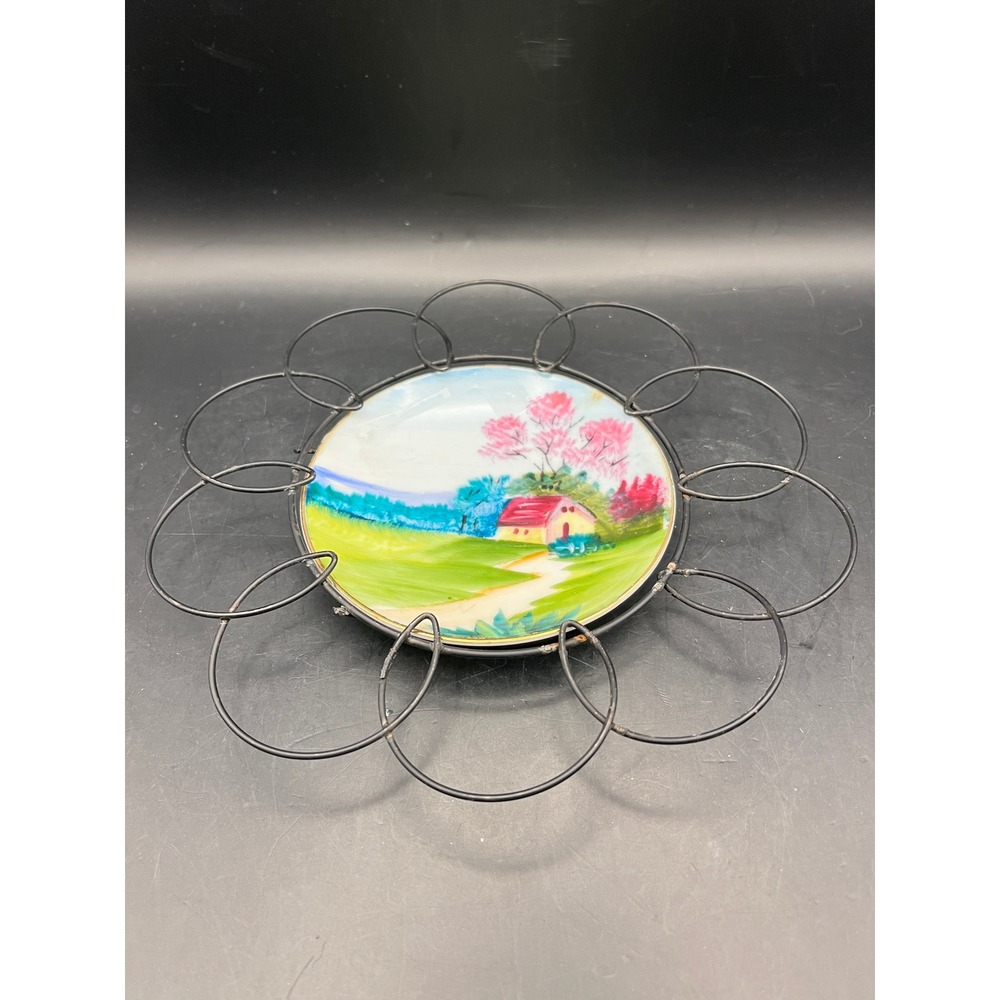Vintage Japan Wall Decor Plates Metal Flower Frame Cottage Sailboat 7" Diameter - Picture 2 of 6